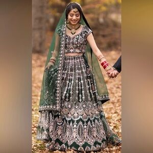Elegant Bridal Green and Pink Embroidered Lehenga.
